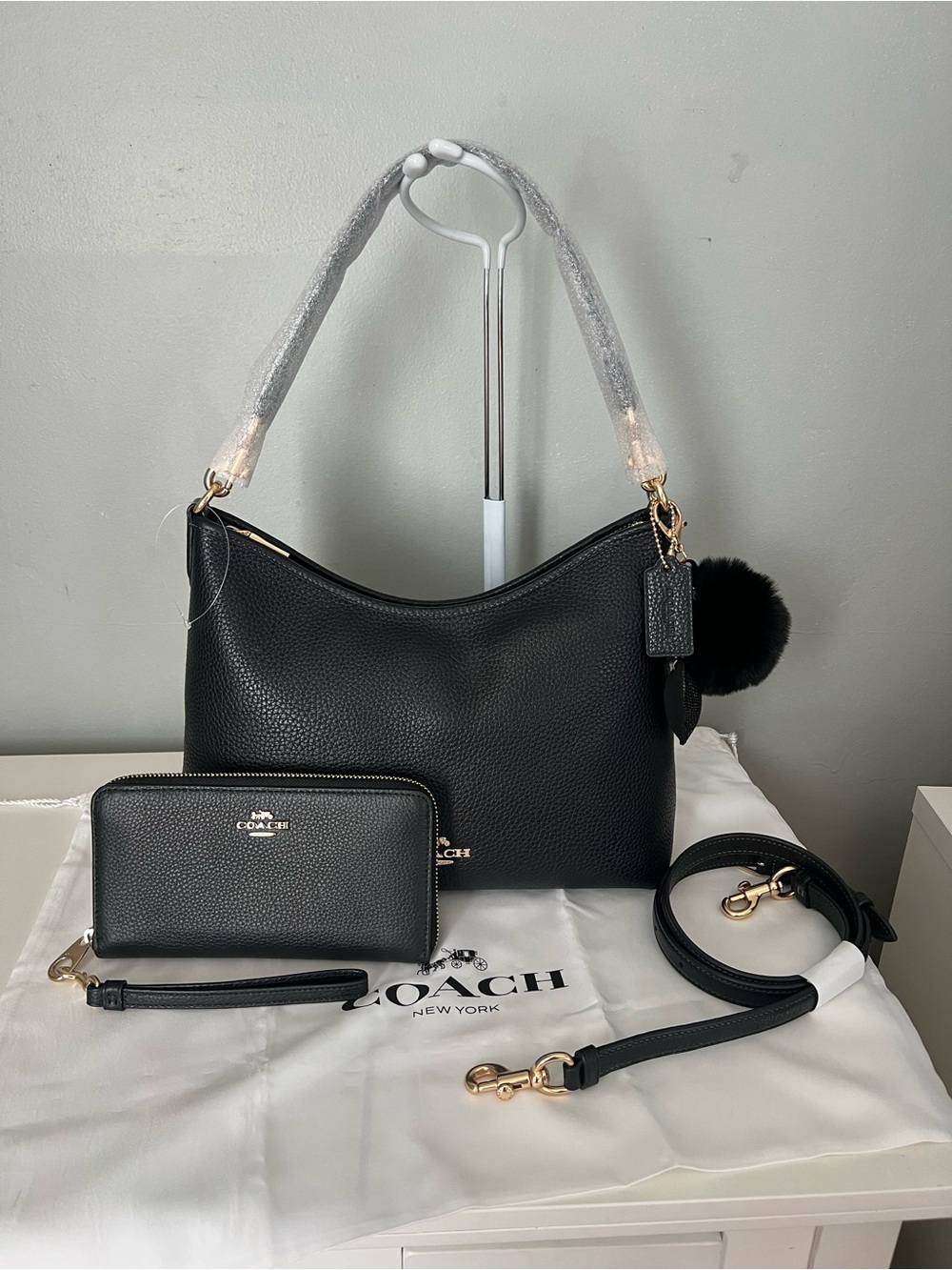 Coach Black Pebbled Leather Shoulder Bag with Matching Wallet and Strap